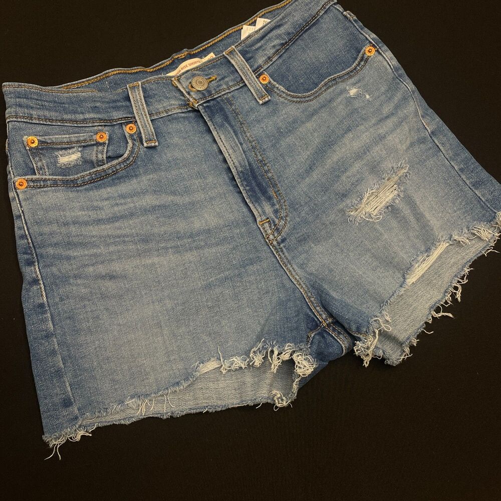 ~ Levi's 29 Jean Shorts Cut Off Hi-Rise Med Wash Distressed Frayed Raw Rips Blue - Picture 3 of 13
